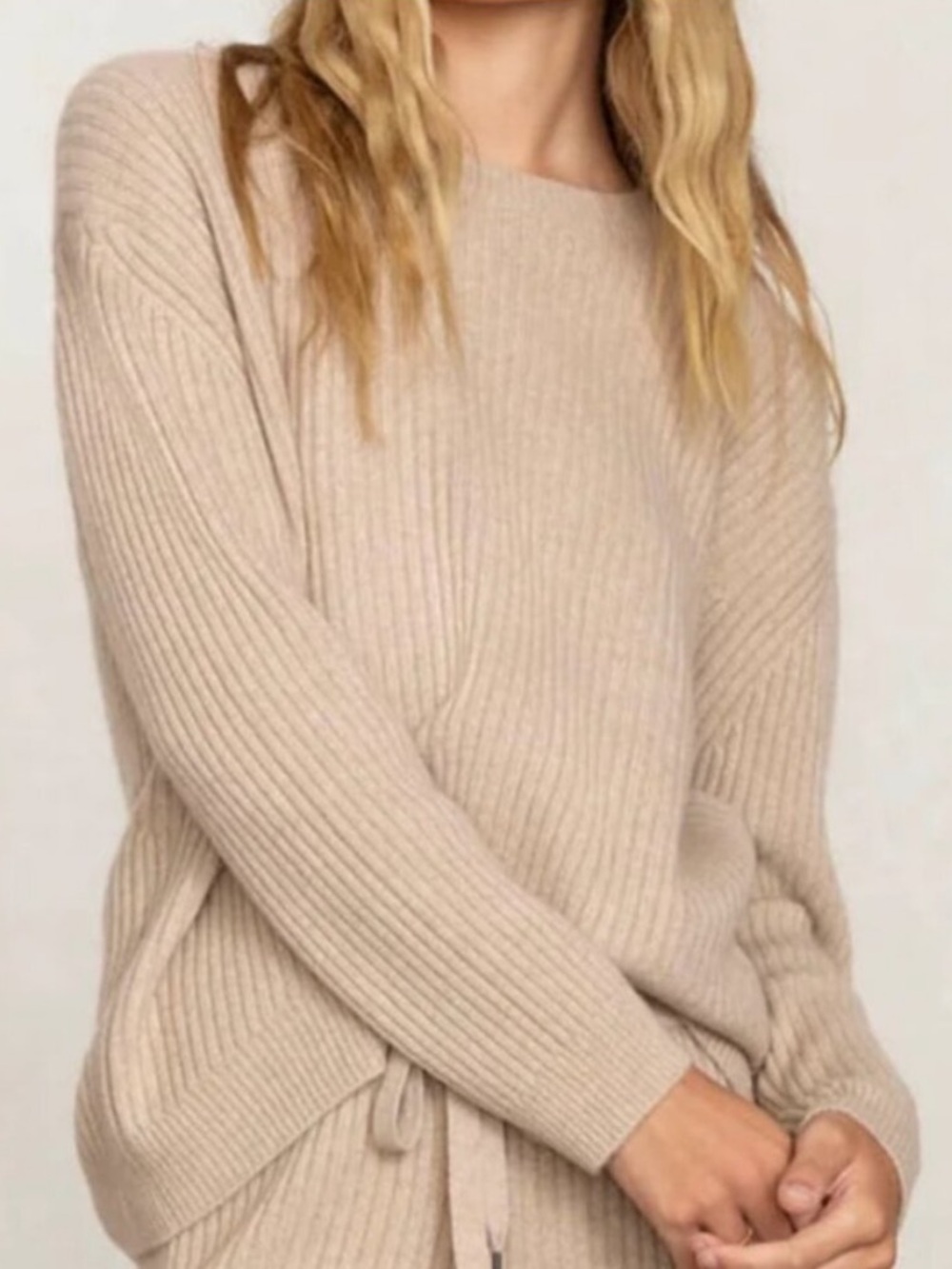 Naked Cashmere Campbell Ribbed Crewneck Sweater Flax Tan 100% Cashmere Small